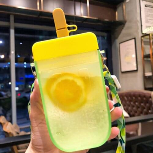 300ml Cute Water Bottles with Straws and Lanyard Creative Ice Cream Popsicle Shape Water Bottles for Adult Children LBShipping