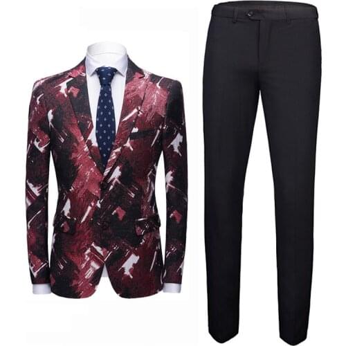 Mens 2 Piece Suit Stylish Black Red Slim fit Floral Printed Tuxedos For Wedding Prom Groomsmen Dinner Party Italian style suit