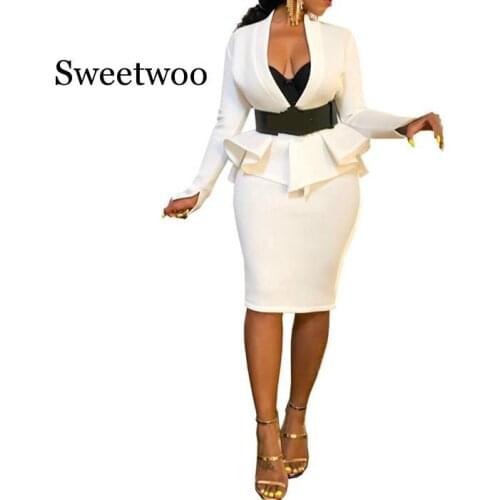 Solid Office Lady Two Piece Set Sexy V Neck Long Sleeve Ruffle Hem Blazer Coat Top Pencil Midi Skirt Business Work Wear