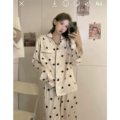 Wave Point Autumn Pajamas Set Women Single Breasted Shirts + Trousers Set Two Piece Home Suit Satin Silk Home Clothes Sleepwear