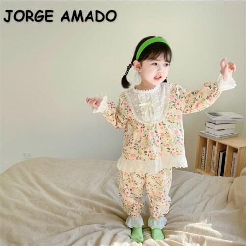 2021 New Korean Style Spring Baby Pajamas 2-pcs Sets Lace Collar Yellow Floral Home Suits Sleep Swear Kids Clothes E5038