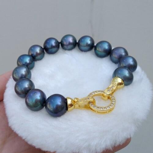 Stunning 7.5-8" Natural Tahitian genuine 12-13mm black Malachite Green pearl bracelet AAAA Offer any customization service