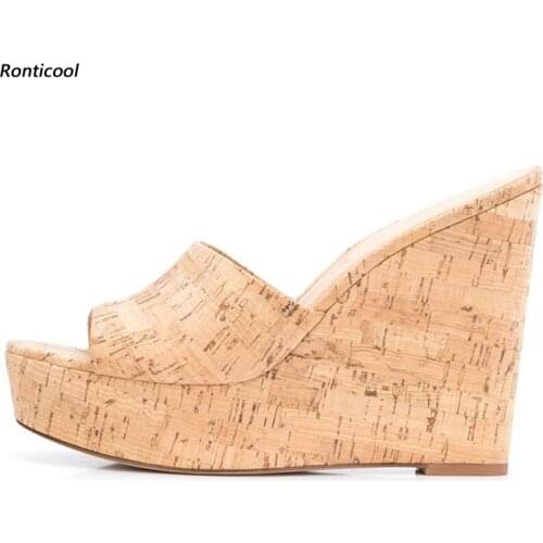 Ronticool New Women Handmade Slippers Wedges High Heels Open Toe Out Door Slippers White Cork Beach Shoes Women US Size 5-13