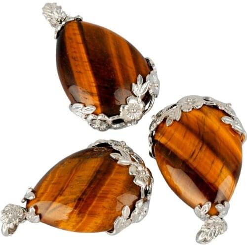 SUNYIK Tigers Eye Stone Teardrop Inlaid Flower Healing Crystal Pendant Fit Necklace