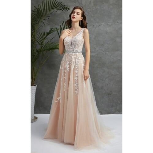 Hochzeit Kleider V Neck Licht Champagne Bodenlangen Applique Open Back EINE Linie Backless Braut Kleid Vestido De Noiva Mariage