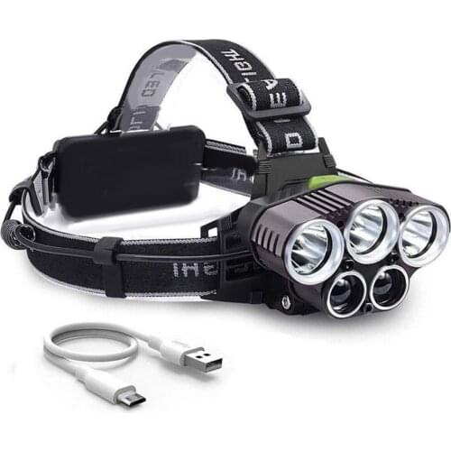USB Headlight 6 Modes 5LED Super Bright Head Torch for Night Fishing Camping(3x T6 White Light + 2x XPE White Light)