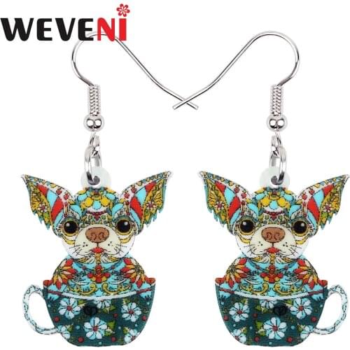 WEVENI Acrylic Sweet Floral Chihuahua Cup Dog Earrings Long Drop Dangle Fashion Pets Charms Unique Gifts Jewelry For Women Girls