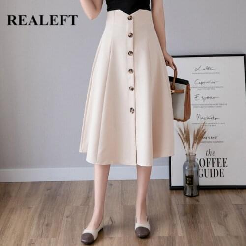 REALEFT 2021 Autumn Office Ladies Mid-calf Skirts Elegant High Waist Single Breasted Solid Color Casual Womens A-line Skirt