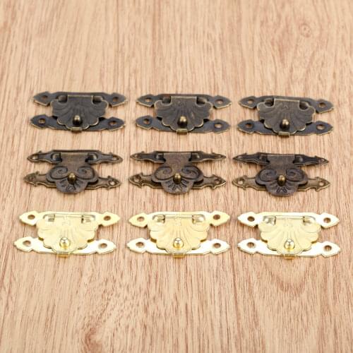 10Pcs Home Furniture Buckle Clasp Lock Antique Brass/Gold Wood Padlock Hasp Jewelry Gift Box Decorative Hasp Latch with Screws