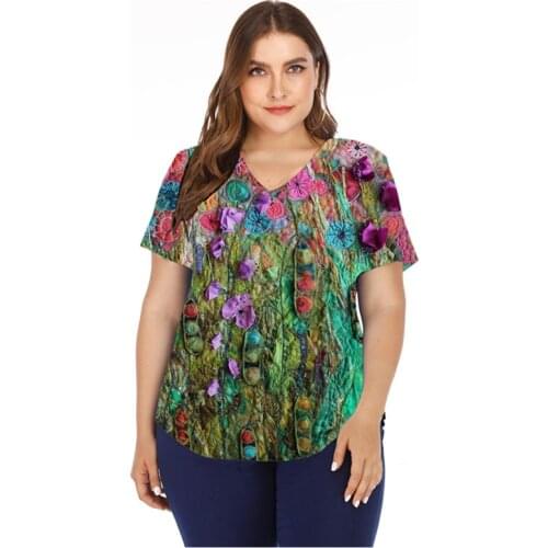 New Summer 3d Floral Print T Shirt Women Short Sleeve V-Neck Tops Casual Fashion Clothes Plus Size Ladies Cotton T Shirts 2021