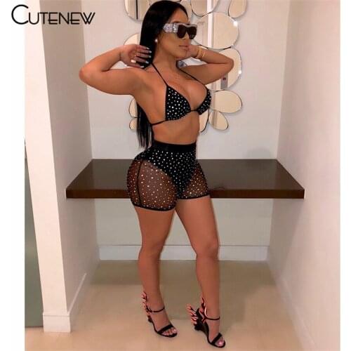 Cutenew Sexy Net Yarn See Through Two Pieces Sets Womens Outfits Solid V-Neck Diamond Camisole And Skinny Shorts Lady Clubwear