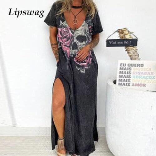 Summer Women Sexy V-Neck Casual Loose Dress Fashion Long Dress Punk Skull Printed Split Lady Short Sleeve Beach Dresses Vestidos