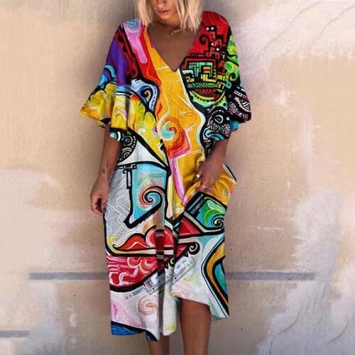 Elegant Women Short Sleeve A-Line Beach Dress Fashion Sexy V Neck Lady Party Dress Retro Casual Flower Print Loose Summer Dress