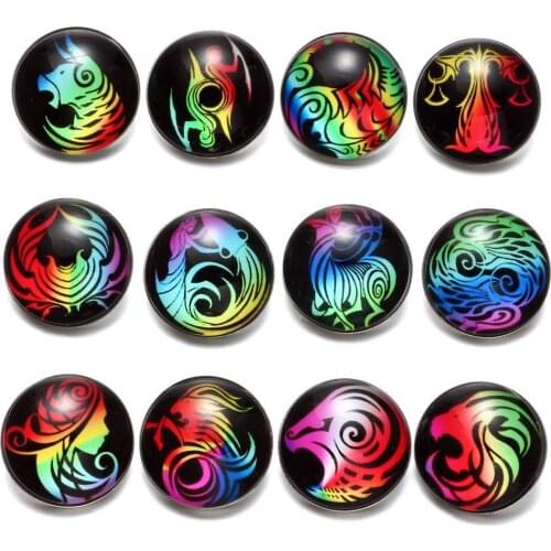 12pcs/lot 12 Constellation Zodiac Theme Pattern Glass Charm 18mm Snap Button Jewelry For 18mm Snaps Bracelet Snap Jewelry KZ0562