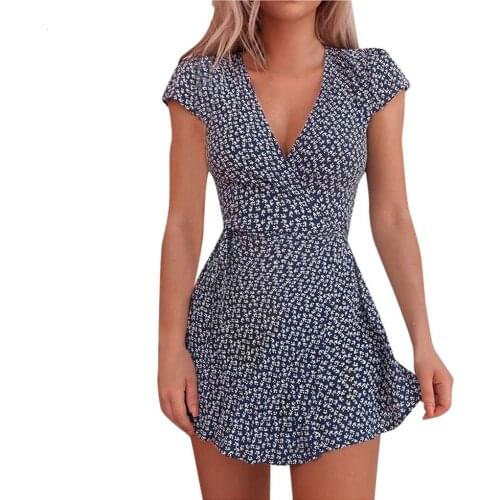 2021 Casual Summer Floral Mini Chiffon Dress Women V-Neck Short Sleeve High Waist Casual Evening Ladies Dresses