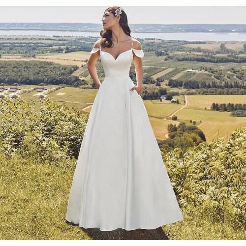 Satin Wedding Dresses 2020 A Line V Neckline White Ivory Lace Up Back Lace Wedding Bridal Gown Vestido De Noiva Sweep Train