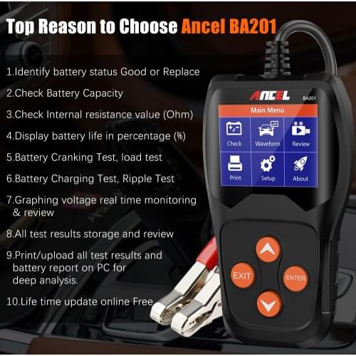 Ancel BA201 12V Battery Test Battery Detector Car Battery Charger Tester Analyzer Car Charging Cricut Load Tester Analyzer Tools