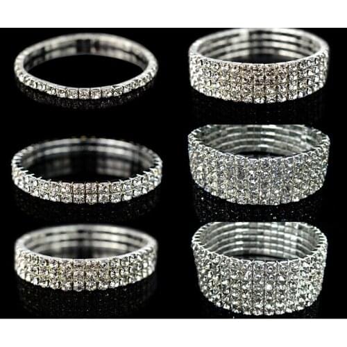 Bling Clear 1/2/3/4/5/6 Rows Women Rhinestone Silver color Elastic Bracelet Bangle Wedding Bridal Wristband Jewelry A001H