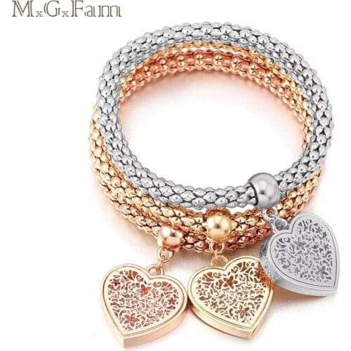 MGFam (3pcs/set) Heart Charms Beads Bracelet For Fashion Women Crystal Jewelry 3 Gold Color Choice Allergy Free
