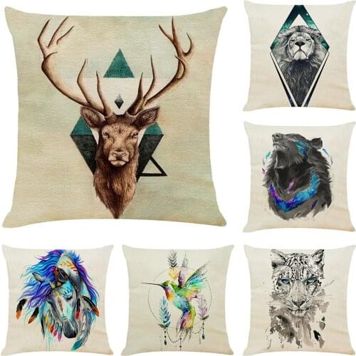 45x45cm Bohemian Wolf Lion Cushion Cover Decorative Pillows Animals Seat Cushions Home Decor Flax Throw Pillow Sofa Pillowcase