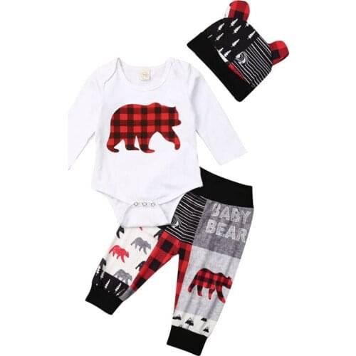 Cute Baby Pants Suit Bear Print Romper Bear Ear Hat Stitching Letters Elastic Trousers Set Casual Boys Christmas Clothing