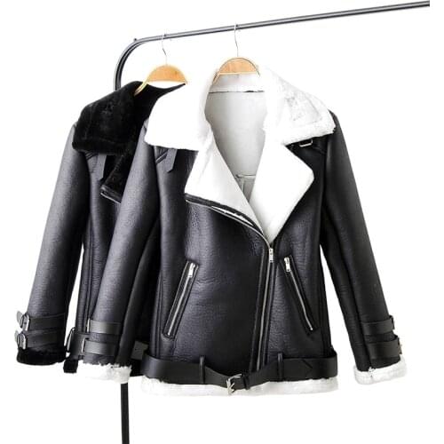 FMFSSOM Autumn Winter Faux Lamb Leather Jacket Warm Windproof Turn Down Collar Sheepskin Coat Women Pu Motorcyle Biker Outerwear