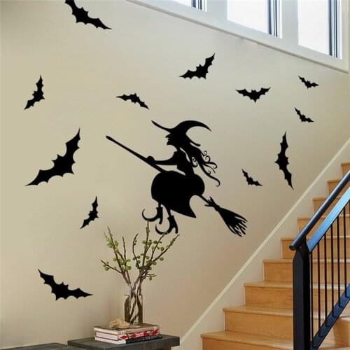 New Arrival Happy Halloween Witch Bats Wall Sticker Window Home Decoration Decal Decor Art Decals Wallpap