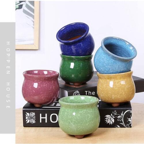 New ceramic opening ice cracked fleshy flower pot colorful gardening trumpet pot creative office desktop combination green plant