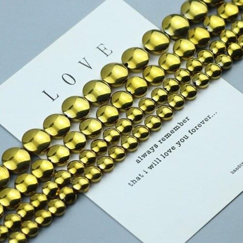Flat Round Hematite beads Gold 6 8 10mm Natural Stone Plating Charms Spacer Loose beads for Jewelry Bracelet Making DIY Findings
