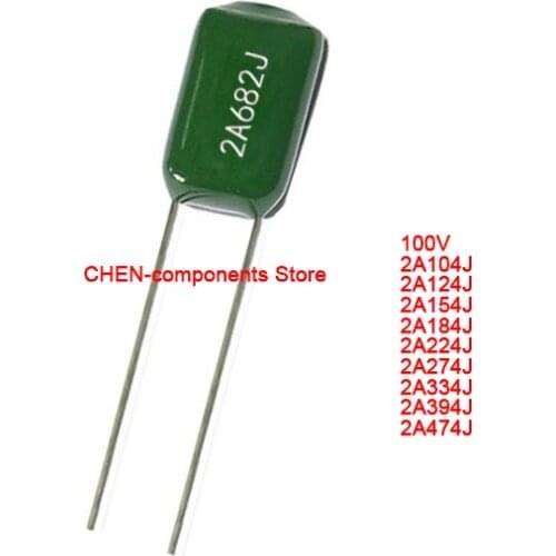 50PCS Polyester film capacitor 100V 2A104J 2A124J 2A154J 2A184J 2A224J 2A274J 2A334J 2A394J 2A474J 100NF 220NF 330NF 470NF