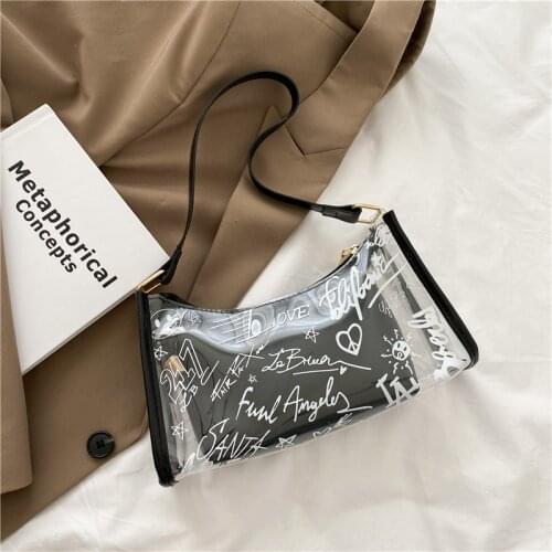 PVC Transparent Female Bag New Graffiti Underarm Bag Fashion Texture Ladies Shoulder Bag Printing Zipper Handbags for Women 2021
