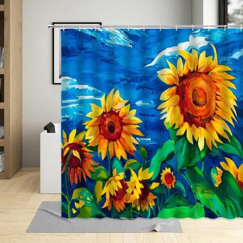 Yellow Sunflower Flowers Shower Curtains Autumn Color Floral Garden Oil Painting Landscape Bathroom Curtain With Hooks Washable