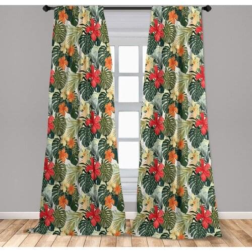 Leaf Window Curtains Hawaiian Summer Tropical Island Vegetation Leaves Hibiscus Flowers Window Drapes with Rod Pocket