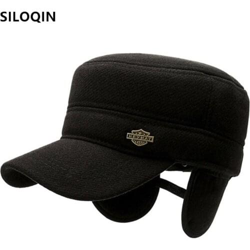 SILOQIN Snapback Cap Winter Mens Cap Thick Warm Navy Military Hats Earmuffs Hat Men Flat Caps Adjustable Size Casual Sports Cap
