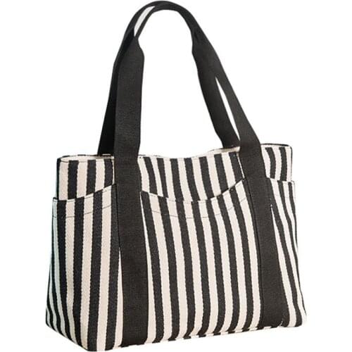 Shoulder Bag Woman Striped Canvas Handbag Female Casual Tote Bags Large Capacity Shopping Bag Black Navy Blue High Quality