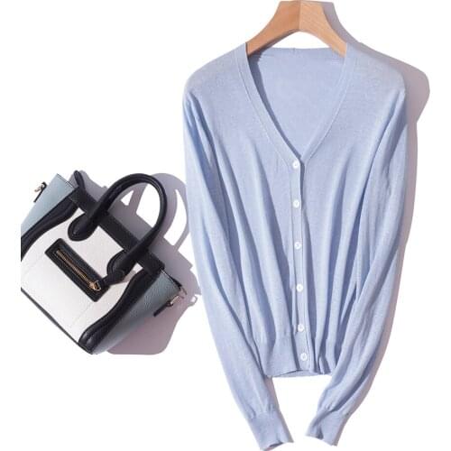 Silk Blend 2021 Spring Summer Womens Ultra Thin V-Neck Straight Tube Leisure Cardigan