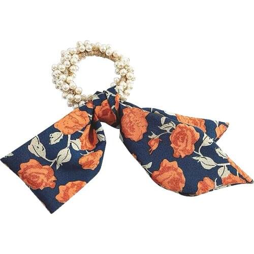 Hot Sale Pearl Bow Elastic Hair Bands Women Girls Flower Pattrn Scrunchies Headband Hair Ties Ponytail Holder Hair Accessorie