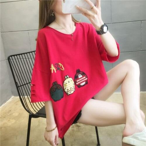 Women Summer Length Embroidery T-Shirt Half Sleeves Loose Comfortable Round collar T-shirt