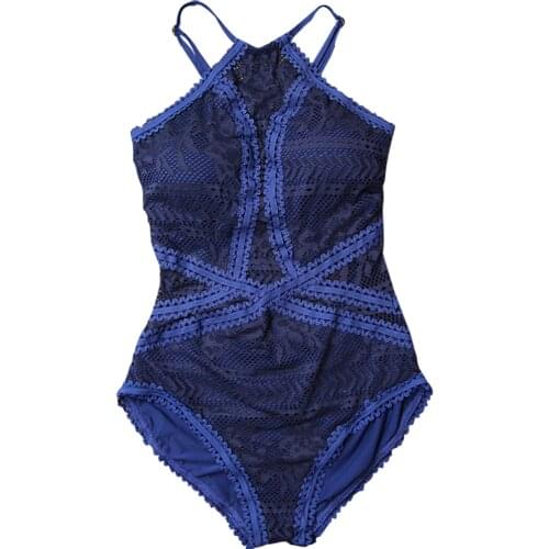 Womens Clothes Dark Blue Bikini Lace Triangle One-Piece Swimsuit Beach Hot Spring Swimwear Sexy Slim Femalebathing Suits