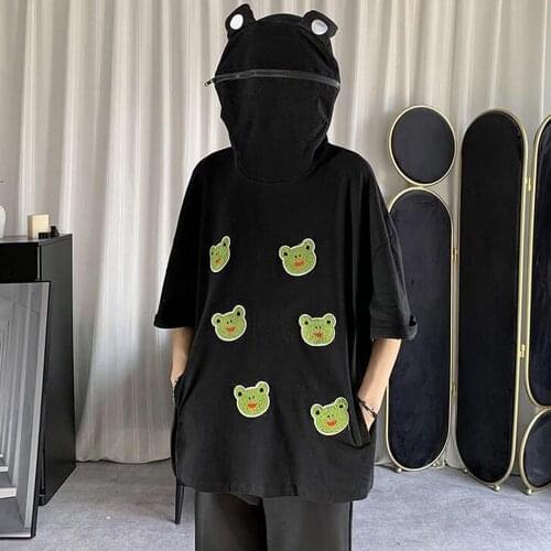 Women Lovely Frog Hoodie Sweatshirt Cute Print Hooded With Zipper Harajuku Pockets Solid Color Pullover Tops Sudaderas Hombre