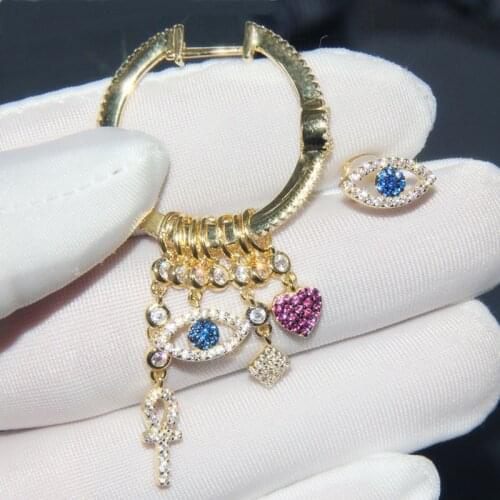 SLJELY 925 Sterling Silver Zirconia Asymmetric Charm Heart Ankh Lucky Eye Earrings Fashion ETE Collection Jewelry for Women