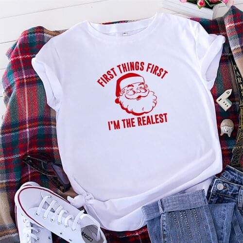 Summer Shirts for Women Tops Harajuku Santa Claus Printed T-shirt Aesthetic Women Clothing Oversized T-shirt Cotton Kawaii Top