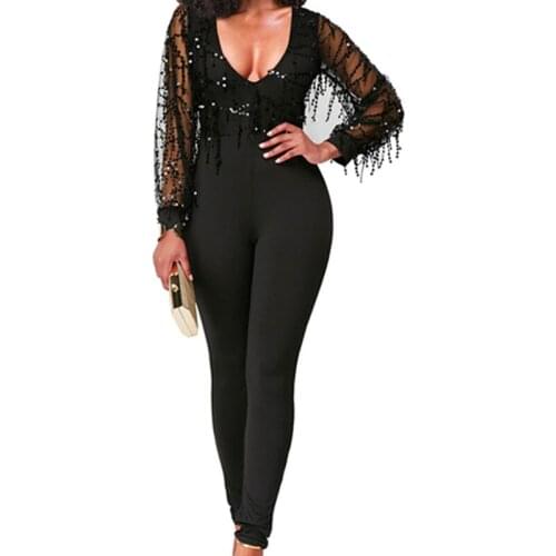 2019 Spot Hot Womens sexy jumpsuit V collar Long sleeves Sequin jumpsuits Autumn And Winter Bodycon Rompers Womens trousers