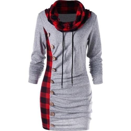 Ladies Casual Dress Womens Plaid Scarf Collar Buttons Decoration Patchwork Casual Dress Womens Fashion Clothing Женское Платье