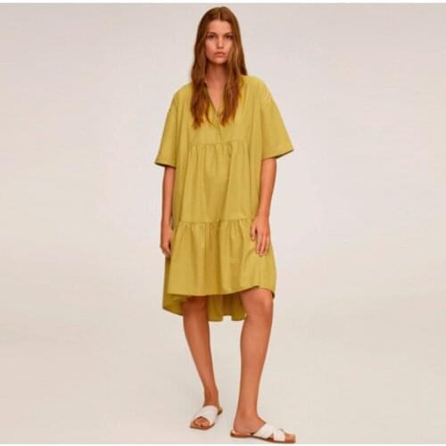 Women Casual Loose V-neck A-line Dress Straight Short Sleeves Solid Color Pullover Patchwork Folds Mid Dress 2021 New Fashion