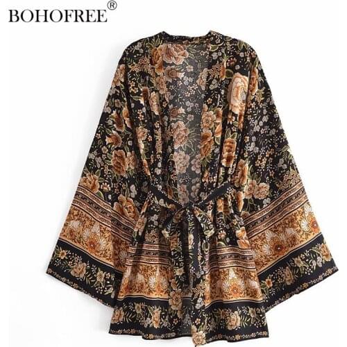 Boho Vintage Black Floral Print Short Robes Casual Beach Cover Ups Blusas Belt Gypsy Style Hippie Curve Plus Size Women Kimono