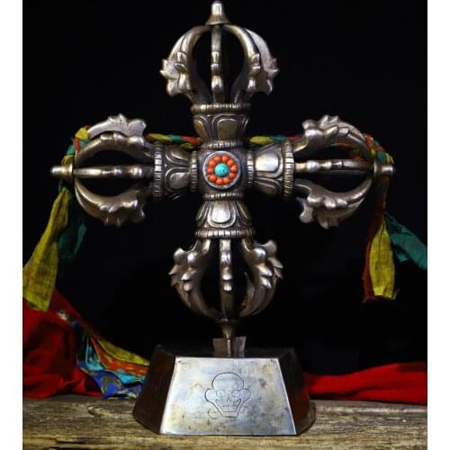 19"Tibet Buddhism Old Tiantie mosaic Gem Cross Vajra Base set Dorje Vajra Phurpa Exorcism Ward off evil spirits
