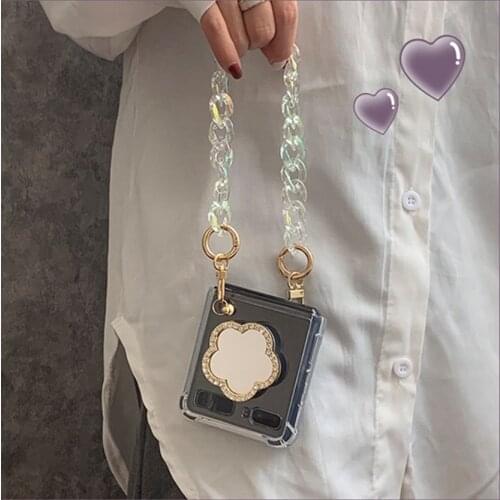 Creativity DIY 3D Flowers Mirror Bling Glitter Case For Samsung Galaxy Z Flip/ Flip 3 Colorful Bracelet Shockproof Transparent