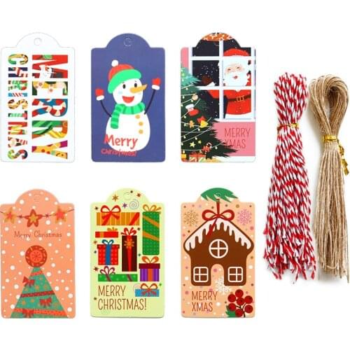48/96sets Santa Claus Merry Christmas Paper Card DIY Cute Snowman Labels Gift Tags Xmas Party Decoration Hang Tags with String
