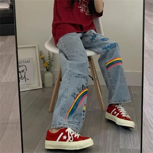 Patchwork Jeans Girl Streetwear Straight Autumn Light Blue Button Kawaii Wide Leg Pants Washed Punk Splicing Jeans Female
